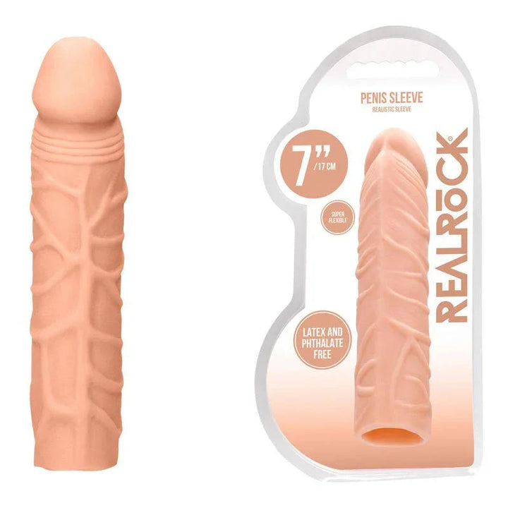 REALROCK 17.8 cm Penis Extender Sleeve in Flesh, the sleeve standing beside its REALROCK pack