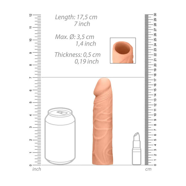 REALROCK 17.8 cm Penis Extender Sleeve in Flesh, scale diagram beside a drink can and lipstick