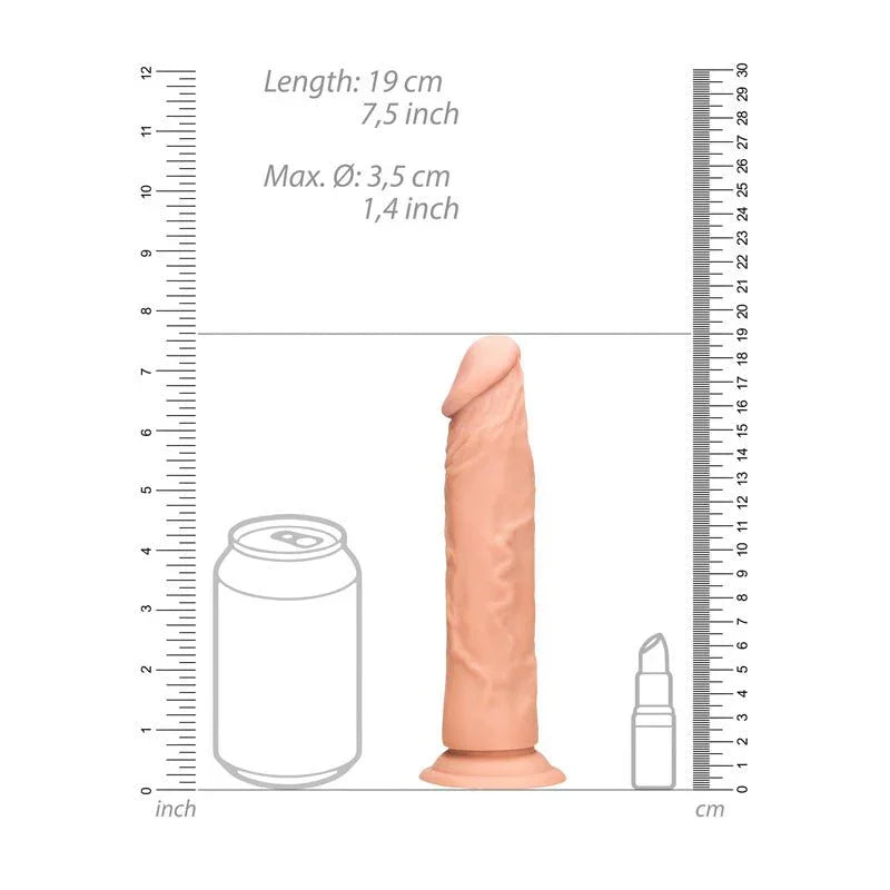 REALROCK 17.8 cm Realistic Dildo in Flesh, scale diagram beside a drink can and lipstick