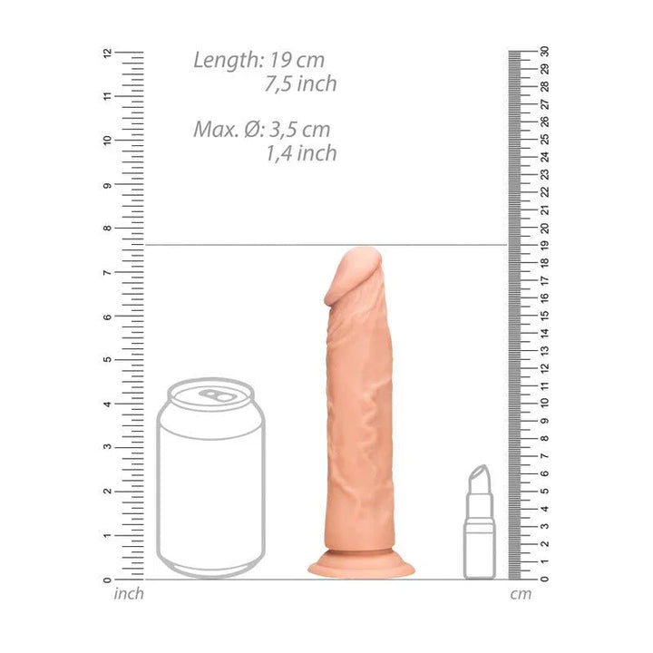 REALROCK 17.8 cm Realistic Dildo in Flesh, scale diagram beside a drink can and lipstick