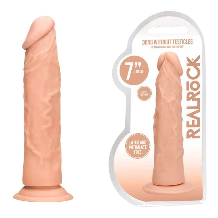 REALROCK 17.8 cm Realistic Dildo in Flesh, the dildo standing beside its REALROCK blister pack