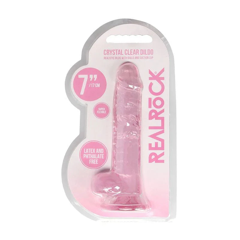 REALROCK 17.8 cm Realistic Dildo with Balls in Pink, front of the Crystal Clear blister pack