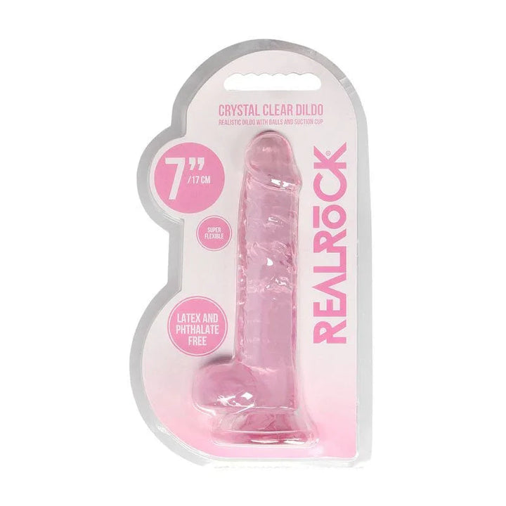 REALROCK 17.8 cm Realistic Dildo with Balls in Pink, front of the Crystal Clear blister pack