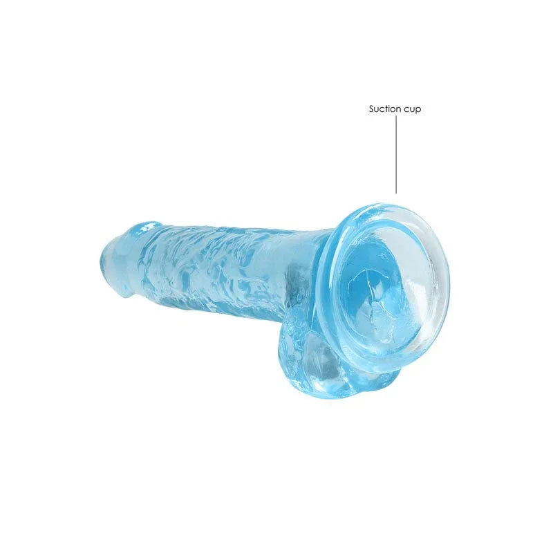 REALROCK 17.8 cm Realistic Dildo with Balls in Blue, lying flat with the suction cup labelled