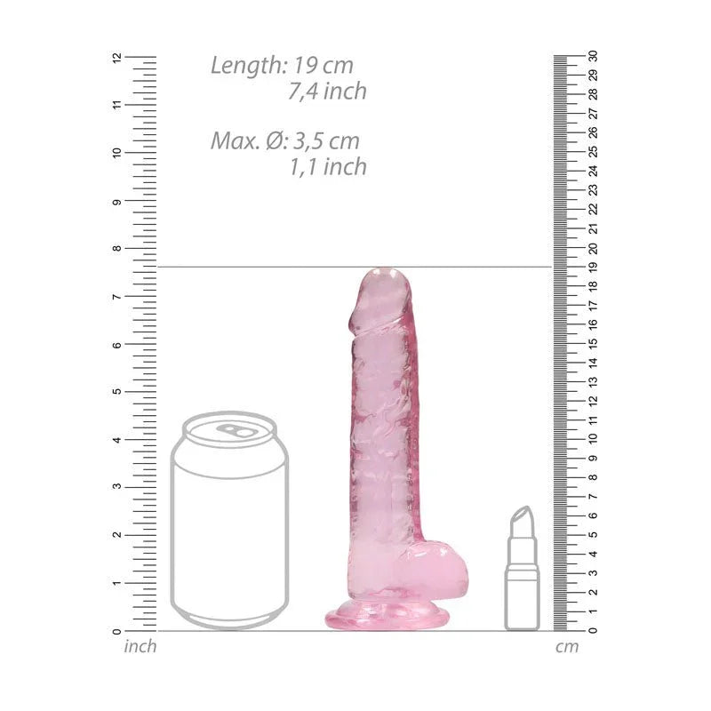 REALROCK 17.8 cm Realistic Dildo with Balls in Pink, scale diagram beside a can and lipstick