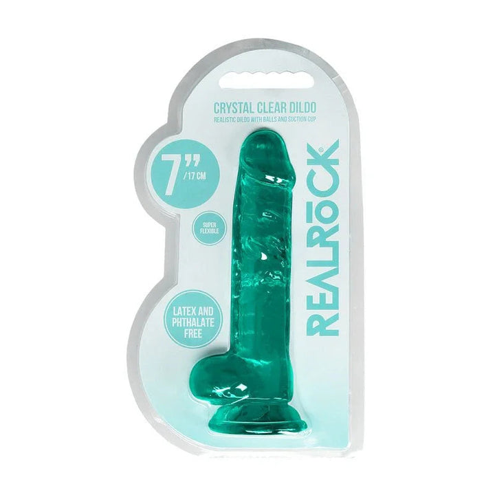 REALROCK 17.8 cm Realistic Dildo with Balls in Turquoise, front of the Crystal Clear blister pack
