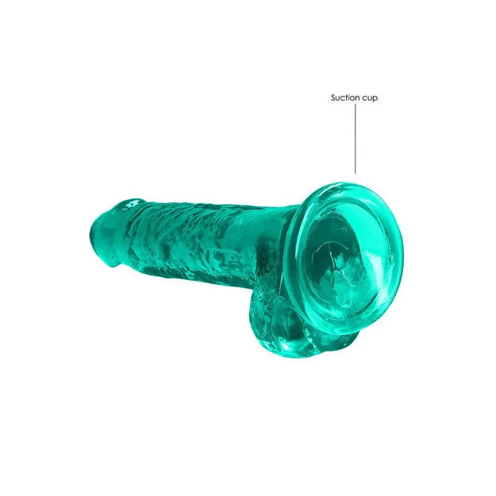 REALROCK 17.8 cm Realistic Dildo with Balls in Turquoise, lying flat with the suction cup labelled