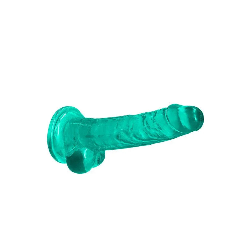 REALROCK 17.8 cm Realistic Dildo with Balls in Turquoise, lying on its side showing the full length