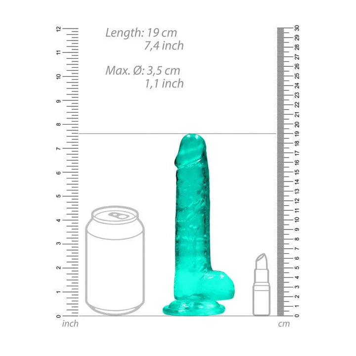 REALROCK 17.8 cm Realistic Dildo with Balls in Turquoise, scale diagram beside a can and lipstick