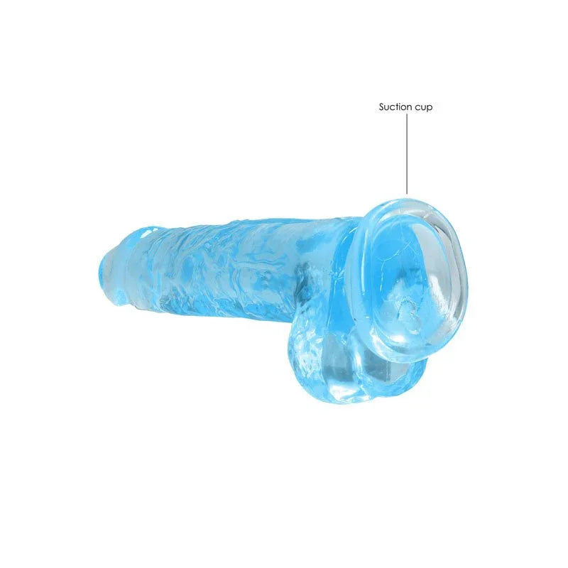 REALROCK 20.3 cm Realistic Dildo with Balls in Blue, lying flat with the suction cup labelled