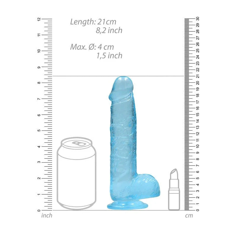 REALROCK 20.3 cm Realistic Dildo with Balls in Blue, scale diagram beside a drink can and lipstick