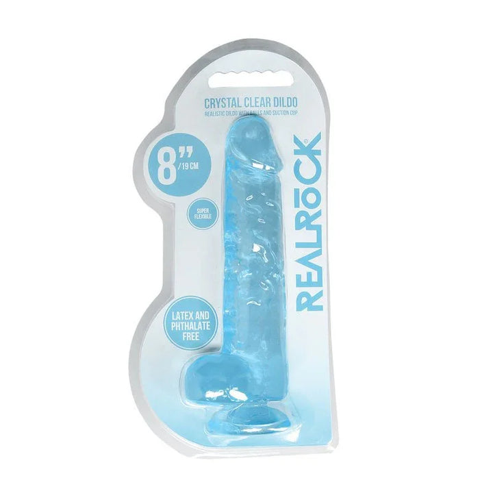 REALROCK 20.3 cm Realistic Dildo with Balls in Blue, front of the Crystal Clear blister pack