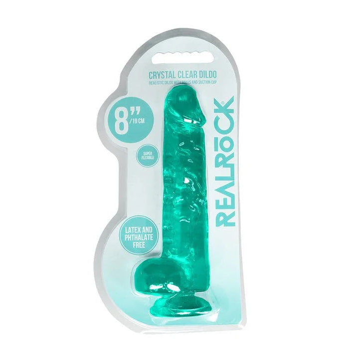 REALROCK 20.3 cm Realistic Dildo with Balls in Turquoise, front of the Crystal Clear blister pack