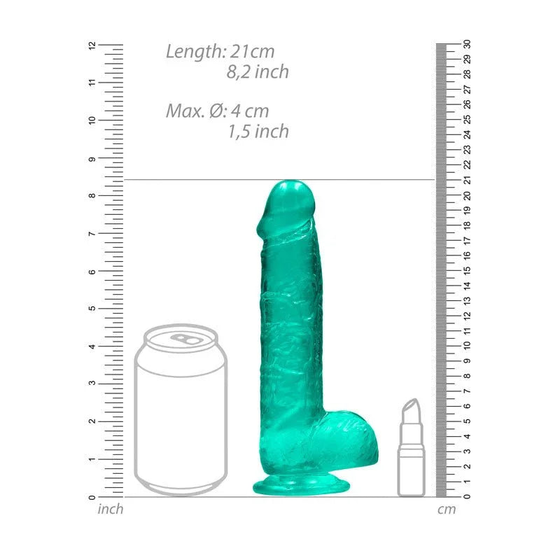 REALROCK 20.3 cm Realistic Dildo with Balls in Turquoise, scale diagram beside a can and lipstick