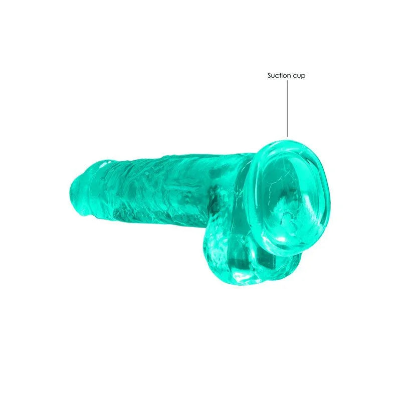 REALROCK 20.3 cm Realistic Dildo with Balls in Turquoise, lying flat with the suction cup labelled