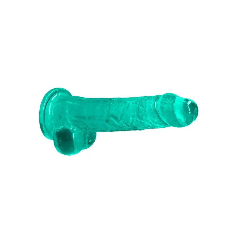 REALROCK 20.3 cm Realistic Dildo with Balls in Turquoise, lying on its side showing the full length