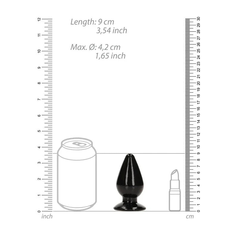 REALROCK 9 cm Anal Plug in Black, scale diagram beside a drink can and lipstick