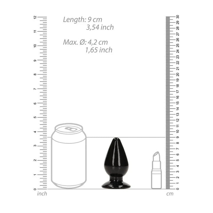 REALROCK 9 cm Anal Plug in Black, scale diagram beside a drink can and lipstick