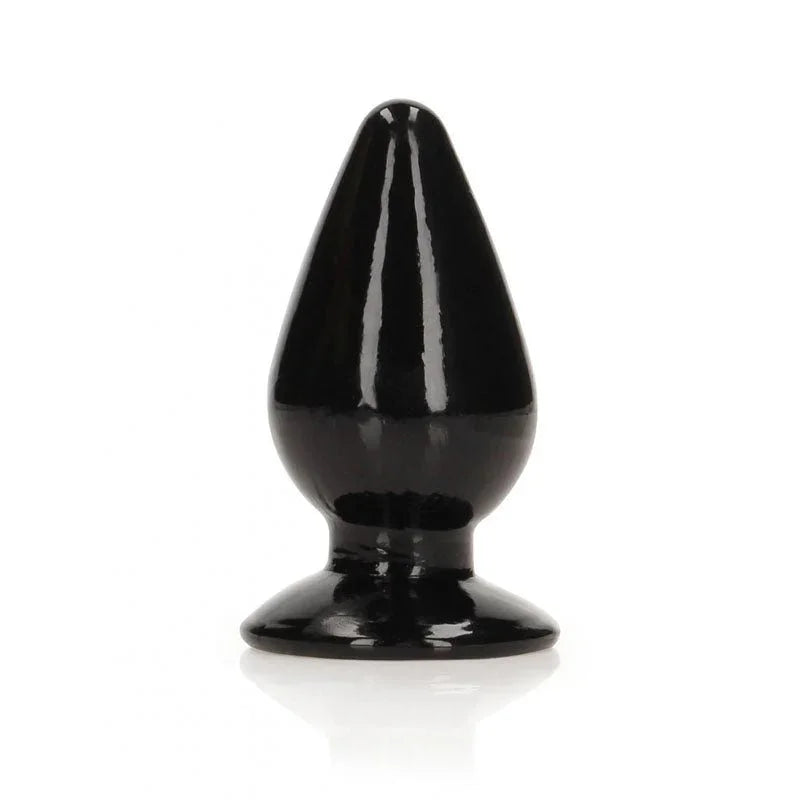 REALROCK 9 cm Anal Plug in Black, glossy tapered plug upright on its round flared base