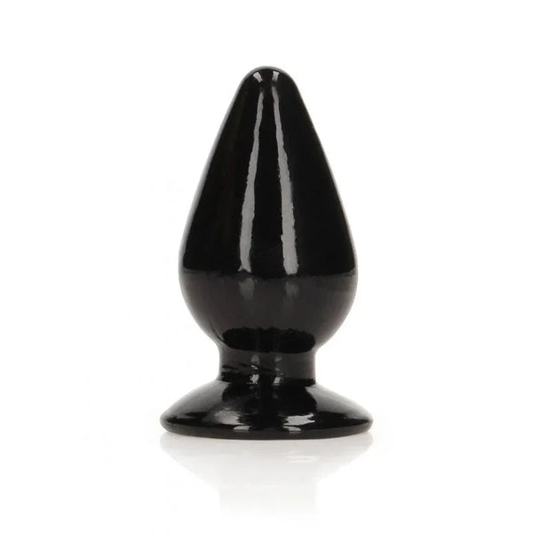 REALROCK 9 cm Anal Plug in Black, glossy tapered plug upright on its round flared base