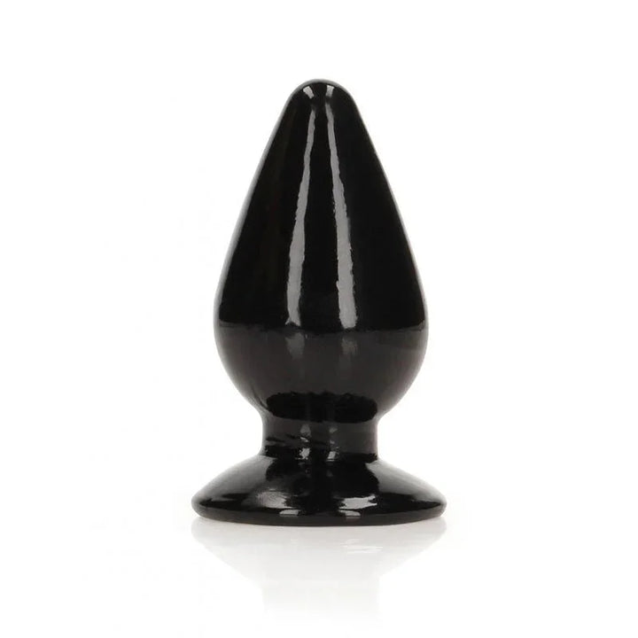 REALROCK 9 cm Anal Plug in Black, glossy tapered plug upright on its round flared base