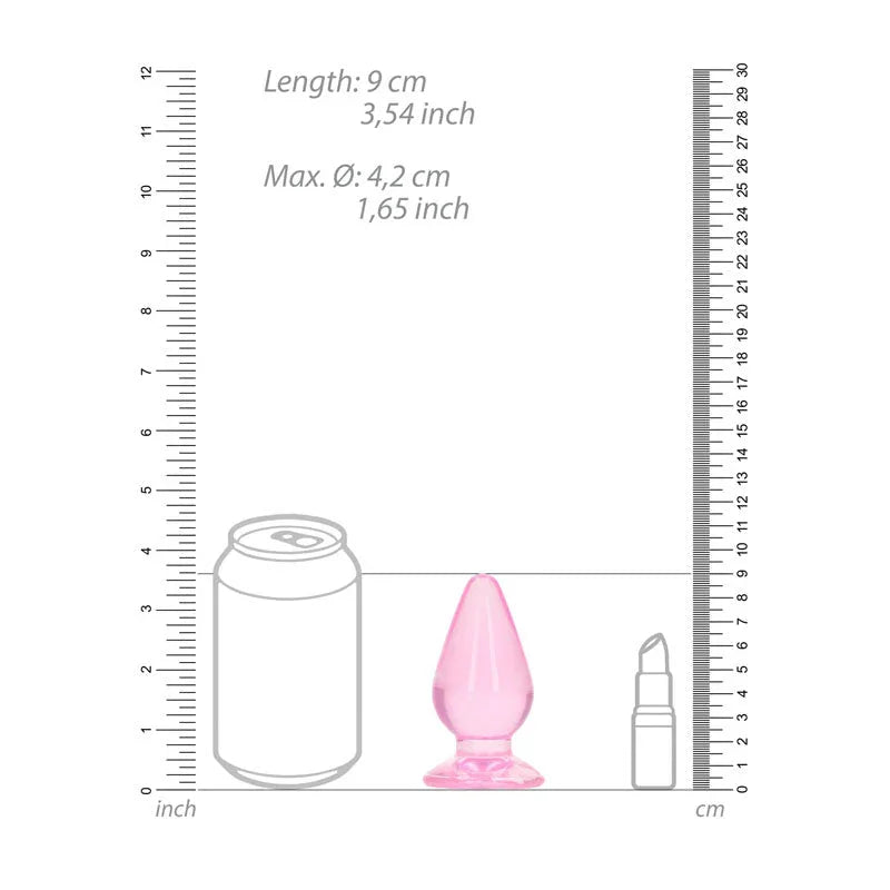 REALROCK 9 cm Anal Plug in Pink, scale diagram beside a drink can and lipstick