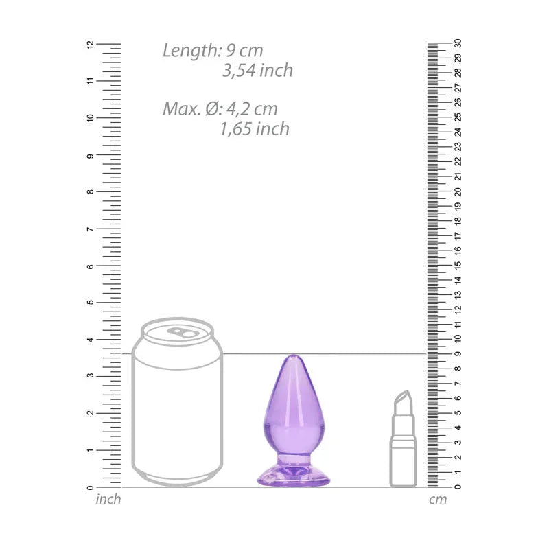 REALROCK 9 cm Anal Plug in Purple, scale diagram beside a drink can and lipstick
