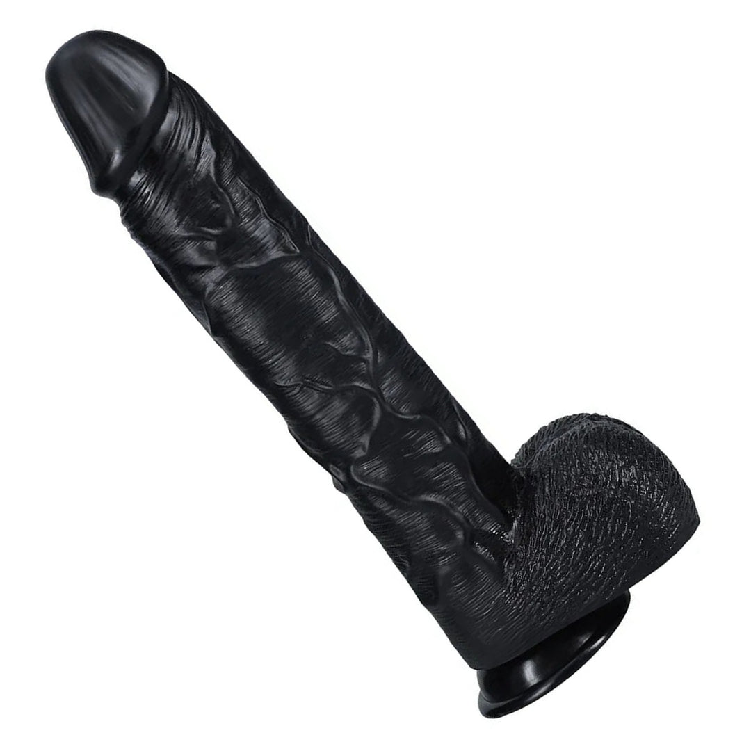 REALROCK 38 cm Extra Long Dildo with Balls in Black – full length with balls and suction base on white