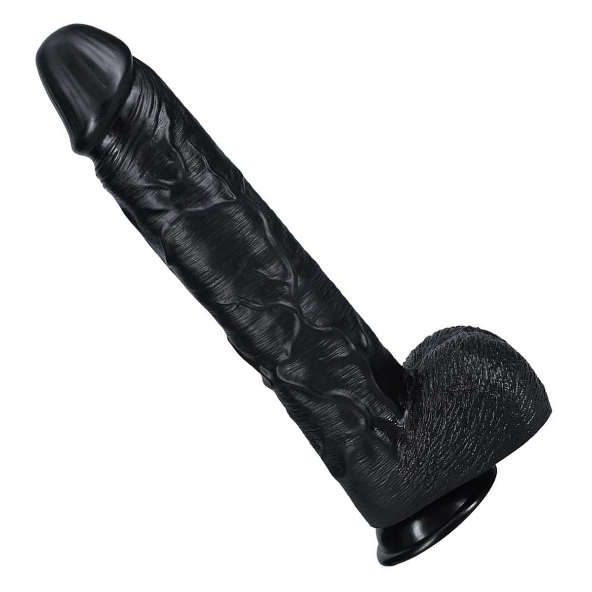 REALROCK 38 cm Extra Long Dildo with Balls in Black – full length with balls and suction base on white