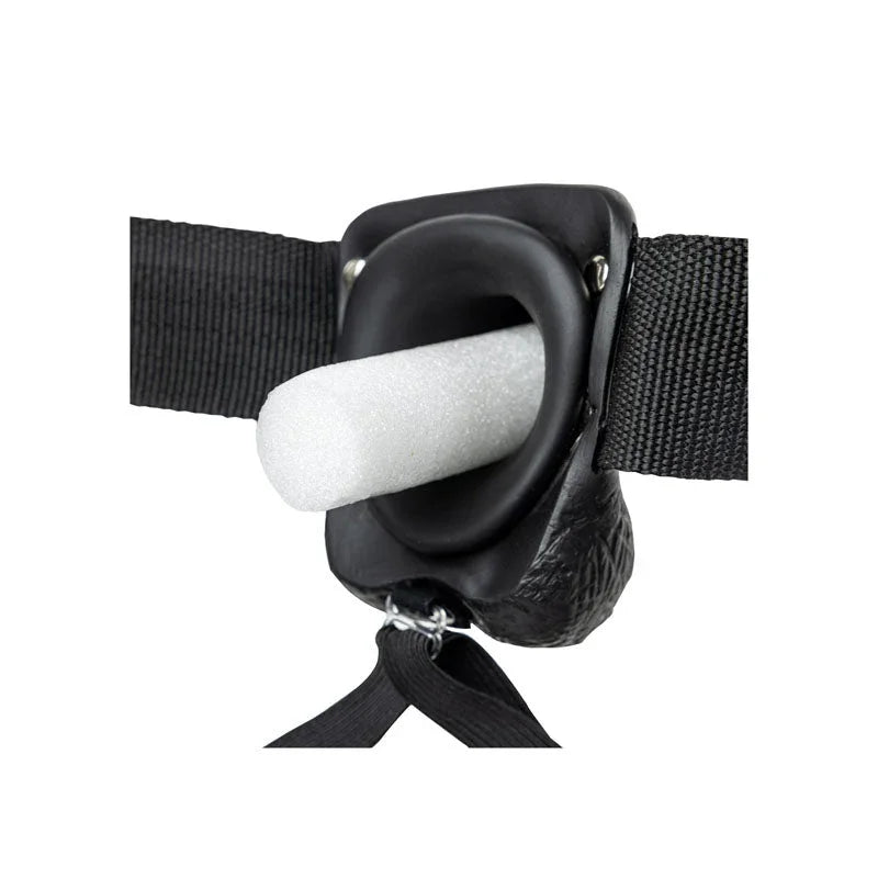 REALROCK 23 cm Hollow Strap-On with Balls in Black, foam block pushed into the cavity to show depth