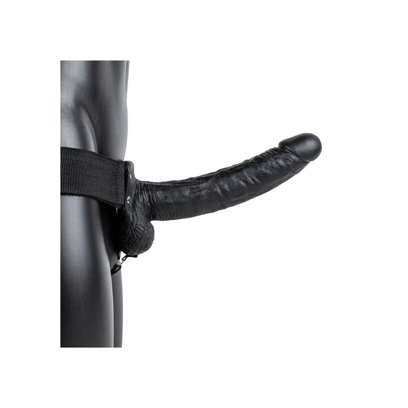 REALROCK 23 cm Hollow Strap-On with Balls in Black, worn on a black mannequin seen from the side