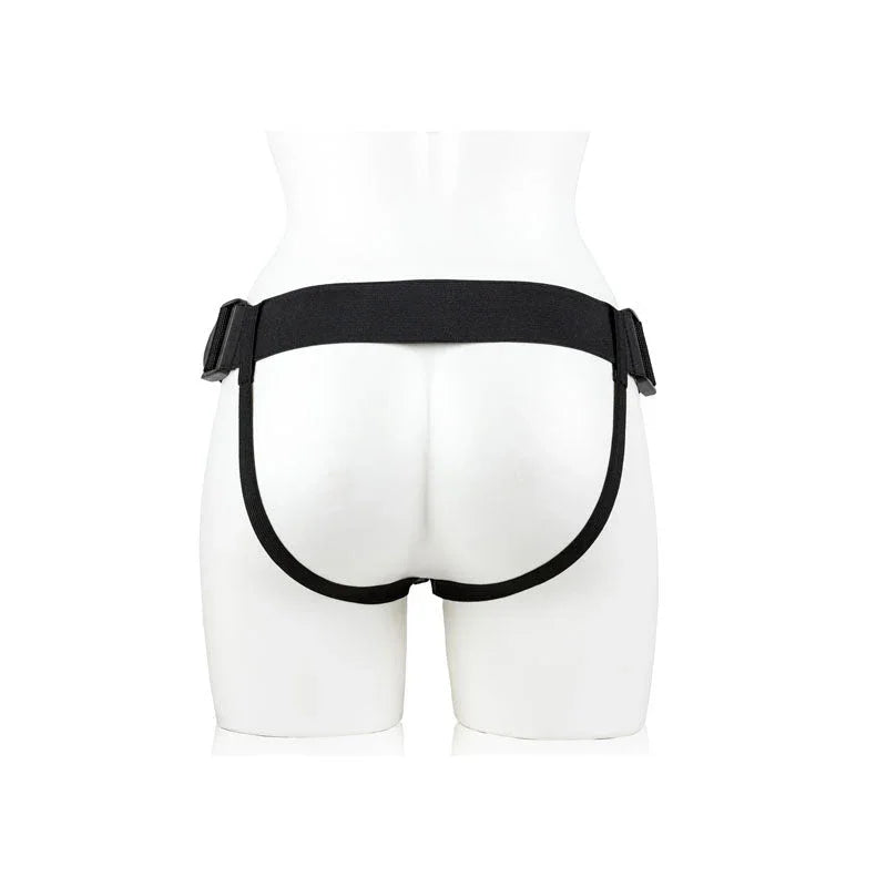 REALROCK 23 cm Hollow Strap-On with Balls in Black, harness worn on a white mannequin from behind
