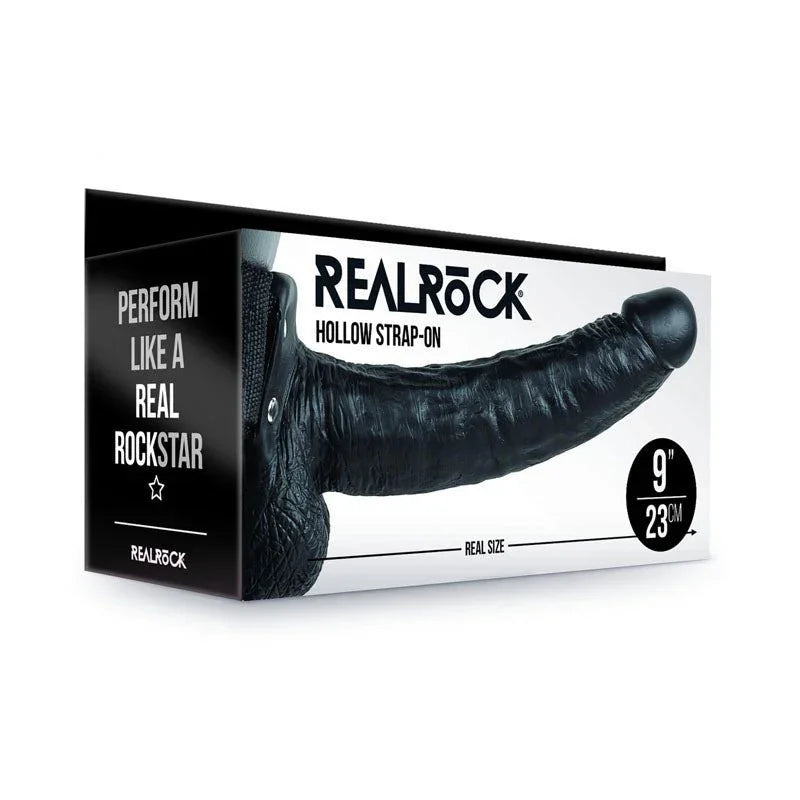 REALROCK 23 cm Hollow Strap-On with Balls in Black, the Perform Like A Real Rockstar retail box