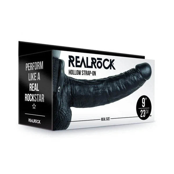 REALROCK 23 cm Hollow Strap-On with Balls in Black, the Perform Like A Real Rockstar retail box