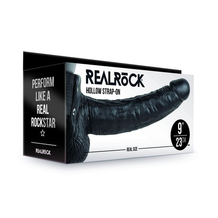 REALROCK Hollow Strapon with Balls - 23 cm Black - Black 23 cm Hollow Strap - On – Sex toys NZ by Naughtyhut. Discreet delivery nationwide.