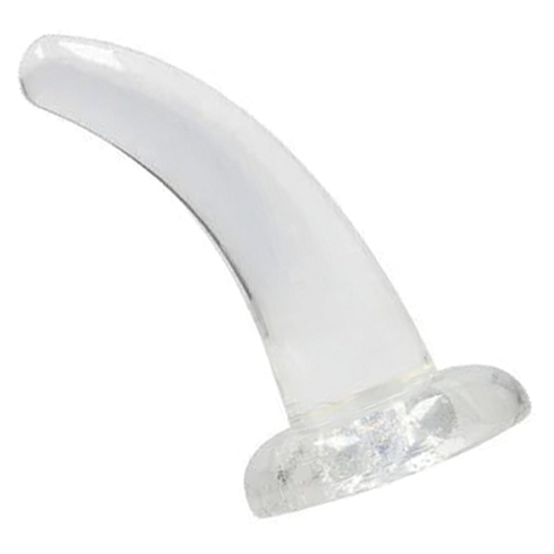 REALROCK 11.5 cm Non-Realistic Curved Dildo in Clear – full length with suction base on white