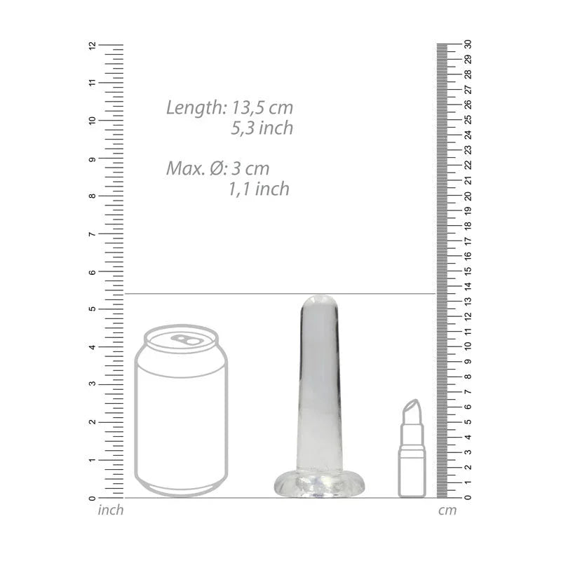 REALROCK 13.5 cm Non-Realistic Dildo in Clear, scale diagram beside a drink can and lipstick
