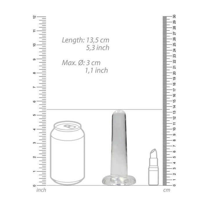 REALROCK 13.5 cm Non-Realistic Dildo in Clear, scale diagram beside a drink can and lipstick