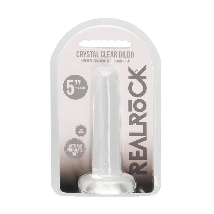 REALROCK 13.5 cm Non-Realistic Dildo in Clear, front of the Crystal Clear blister pack