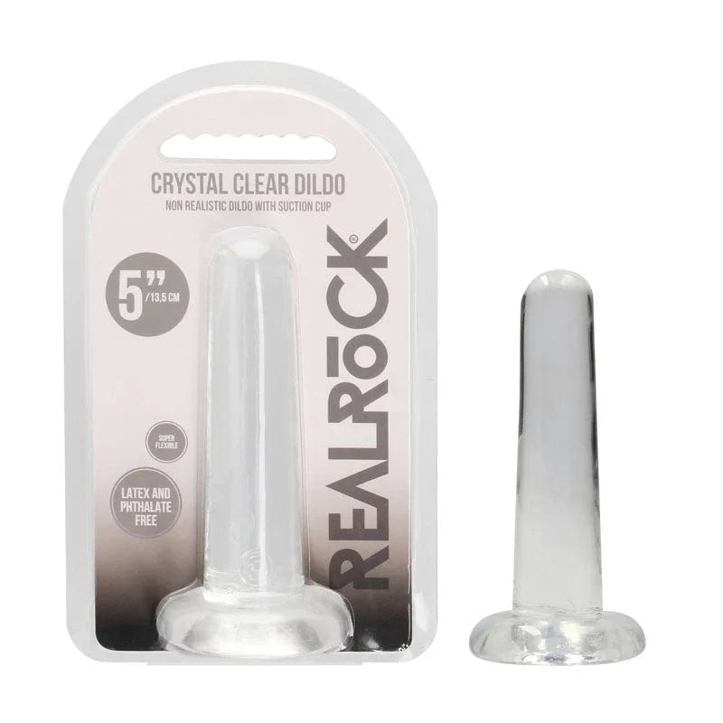 REALROCK 13.5 cm Non-Realistic Dildo in Clear, blister pack beside the smooth tapered dildo