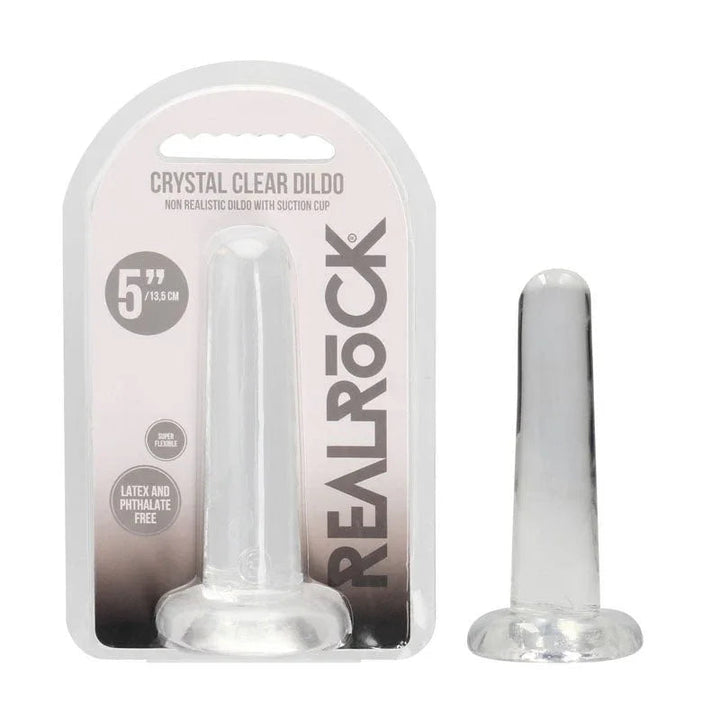 REALROCK 13.5 cm Non-Realistic Dildo in Clear, blister pack beside the smooth tapered dildo