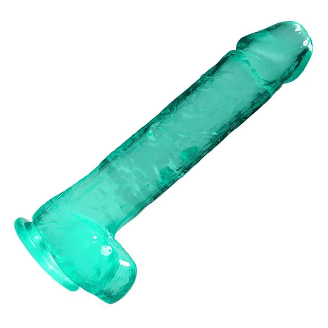 REALROCK 25 cm Realistic Dildo with Balls in Turquoise – full length with balls and suction base on white