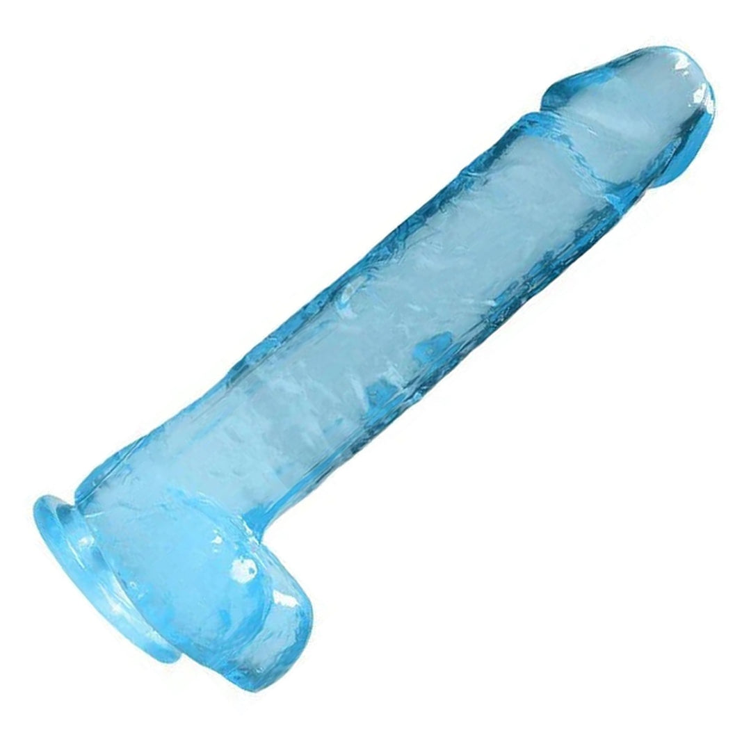 REALROCK 22.9 cm Realistic Dildo with Balls in Blue – full length with balls and suction base on white