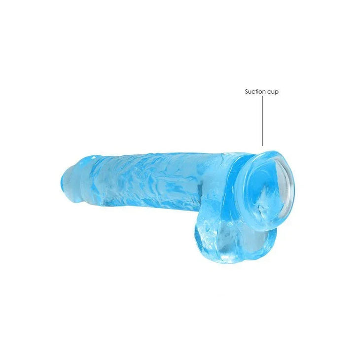 REALROCK 22.9 cm Realistic Dildo with Balls in Blue, lying flat with the suction cup labelled