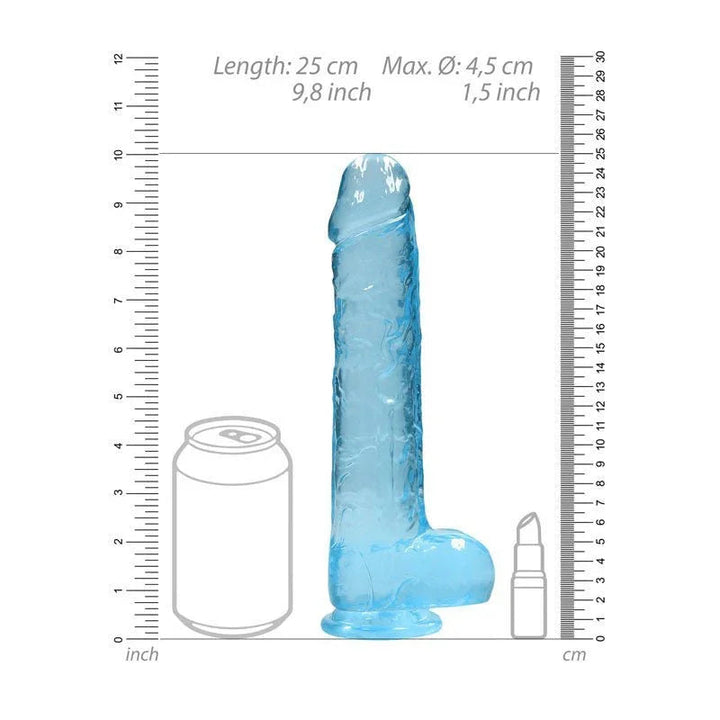 REALROCK 22.9 cm Realistic Dildo with Balls in Blue, scale diagram beside a can and lipstick