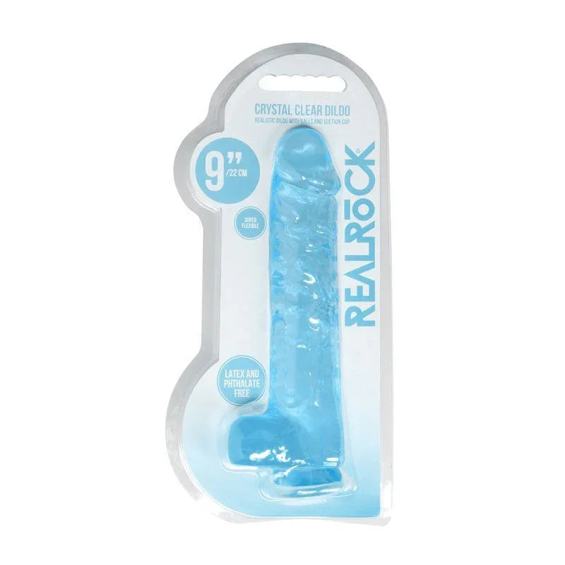 REALROCK 22.9 cm Realistic Dildo with Balls in Blue, front of the Crystal Clear blister pack