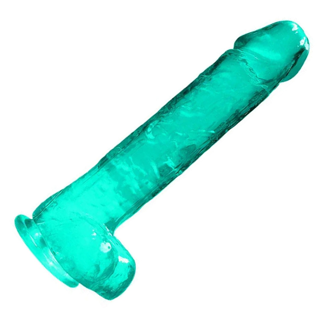 REALROCK 22.9 cm Realistic Dildo with Balls in Turquoise – full length with balls and suction base on white