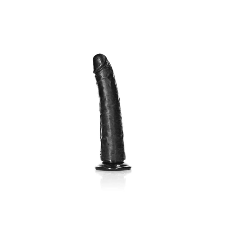 REALROCK 18 cm Realistic Slim Dildo in Black, side view standing on the suction base