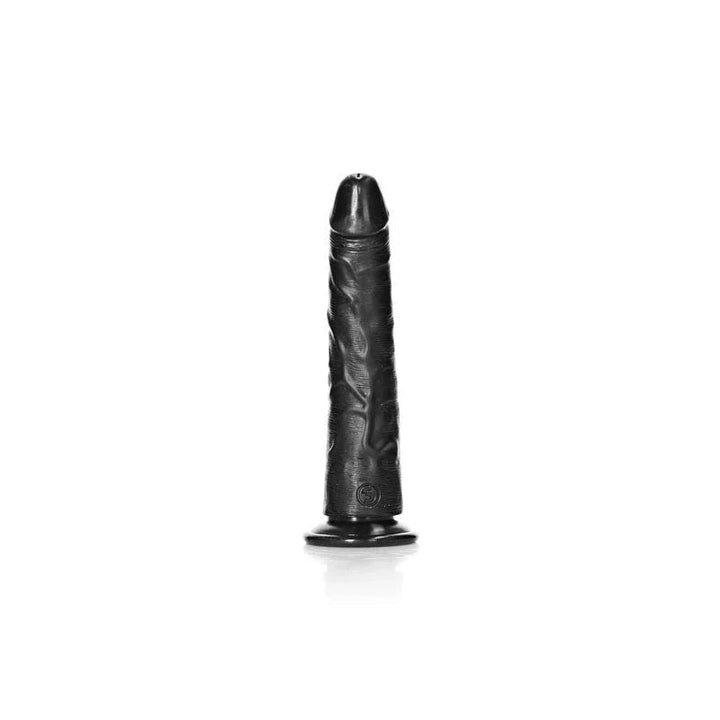 REALROCK 18 cm Realistic Slim Dildo in Black, front view standing upright on white