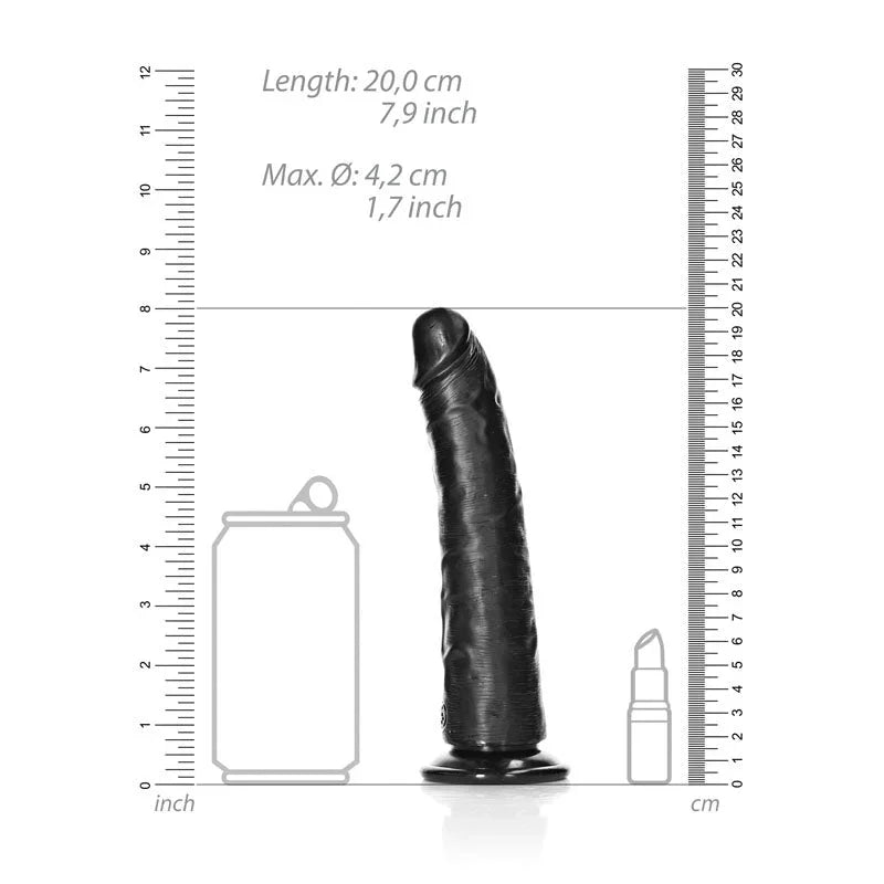 REALROCK 18 cm Realistic Slim Dildo in Black, scale diagram beside a drink can and lipstick